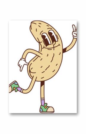 Cartoon groovy cashew nut seed character strikes a lively pose with cheerful smile and playful peace gesture exuding confidence and charm. Isolated vector retro food personage promotes healthy eating