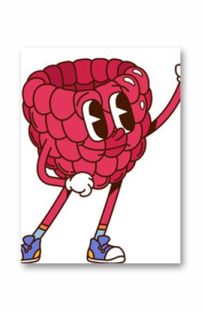 Groovy hippie raspberry berry character. Isolated cartoon vector ripe and healthy retro personage with large eyes, sneakers and cheerful facial expression standing in confident pose with a finger up