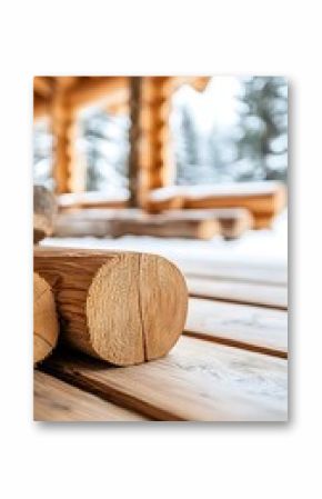 Rustic Log Cabin Interior with Dark Wood Beams and Snowy Background