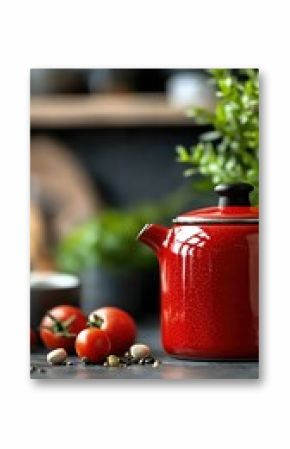 Red Teapot and Tomatoes on Dark Countertop