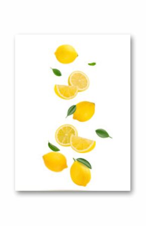 Falling fresh lemon with cut in half and leaves isolated on white background.