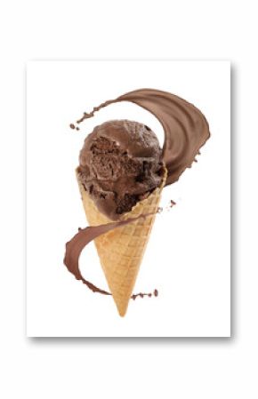 Chocolate ice cream in waffle cone and splash of milk on white background