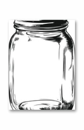 Black and white illustration of an empty mason jar with detailed lines. Vector illustration