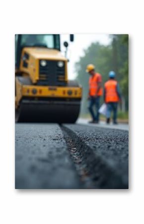 Road repair process with asphalt paving machine and workers. Engineers inspect asphalt quality after machinery works. Construction site, new road, roadworks, street repair, resurfacing.