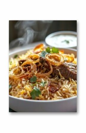 Delicious lamb biryani with crispy fried onions and raita - perfect for festive feasts