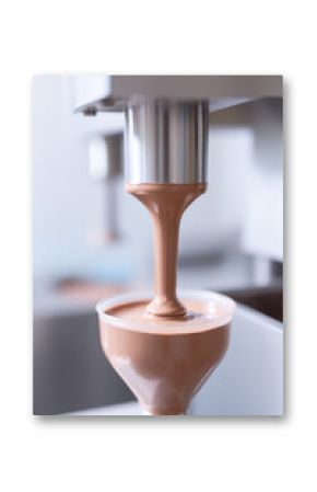 Liquid chocolate is pouring smoothly from a nozzle into a container in a factory setting. Chocolate production process