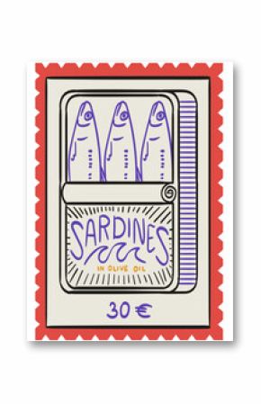 Canned sardines sticker. Seafood. Vintage Italian print, wall art, vector travel postcard stamp, summer emblem, placard or poster. Retro frame border element design in line ink style.
