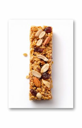 Close up of a granola bar with oats, nuts, and dried fruit on a white surface, highlighting its texture and healthy ingredients for a nutritious snack.