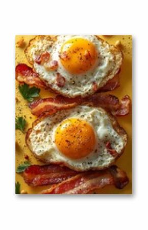 Fried eggs and crispy bacon in a vibrant pattern