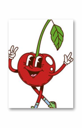 Groovy hippie cherry berry character happily posing with peace gesture. Isolated cartoon vector cool red berry with stem and leaf, retro personage wearing sneakers and exuding laid back funky y2k vibe
