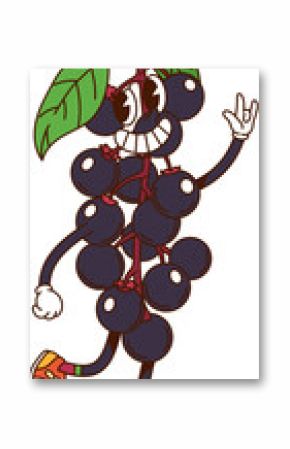 Cartoon groovy hippie bird cherry berry character. Isolated vector ripe fruit, healthy retro food personage with green leaves on top, large eyes, sneakers, wide smile and cheerful facial expression