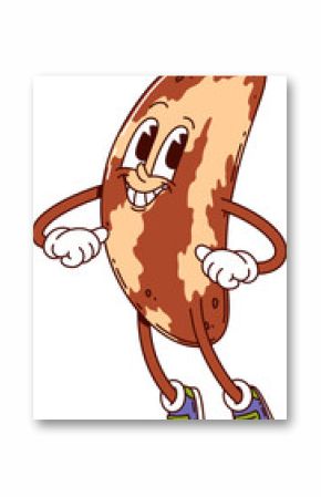 Cartoon groovy Brazilian nut character strikes a lively pose with cheerful happy smile and playful gestures. Isolated vector retro food personage exuding confidence and charm, promotes healthy eating