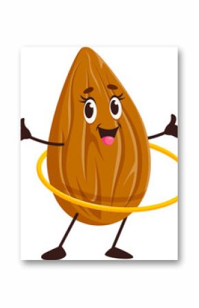 Cartoon funny almond nut character getting fit and having fun working out with hula hoop, showcasing a playful and active lifestyle. Isolated vector energetic kernel personage engaged in healthy life