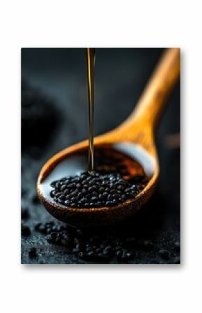 Black seed oil in glass spoon closeup dark background spotlight highlight health tone pure organic focus