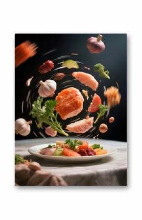 A vibrant image of sushi with salmon and vegetables flying through the air, topped with fresh ingredients, showcasing a playful and appetizing scene.