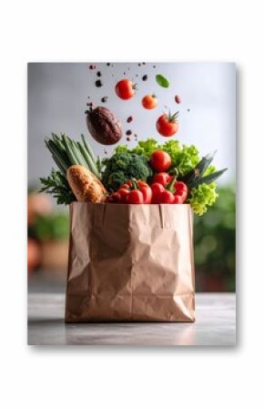 Assorted groceries falling in a paper bag