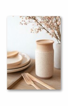 Speckled Ceramic Vase with Wooden Cutlery and Dried Flowers on Wooden Table