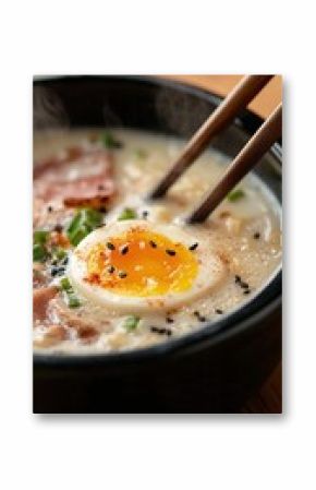 Steaming Bowl of Creamy Ramen with Soft Boiled Egg and Chopsticks