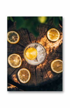 Elegant gin tonic cocktail flat lay with lemon slices and wooden textures in dramatic lighting