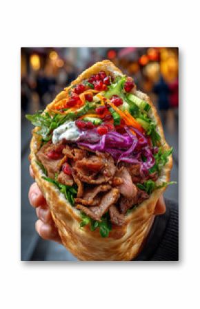 Hand holding Turkish dner bread pocket overflowing with fresh salad and flavorful meat. Urban street backdrop creates lively atmosphere. Concept of food service, culinary delight, street food