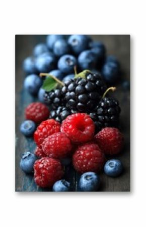 A collection of vibrant, fresh berries, including raspberries, blackberries, and blueberries.
