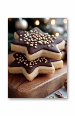 Two Star-Shaped Chocolate Cookies with Pistachios on Wooden Board