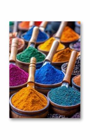 Vibrant Colorful Spice Powders in Wooden Bowls at a Market