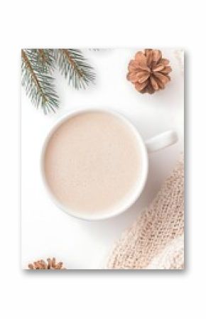 Warm Creamy Beverage in White Mug with Pine and Knit Texture