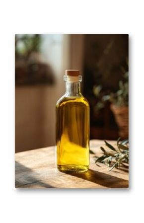 Olive oil in clear glass bottle on table. Natural, cold-pressed, healthy cooking ingredient.