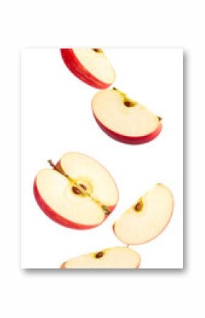 Sliced red apples falling on transparent background