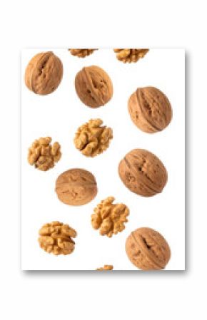 Walnuts with shell and peeled walnuts falling on transparent background