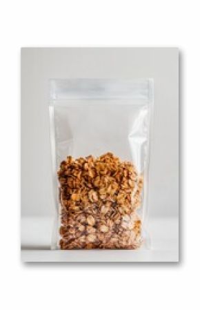 Clear resealable plastic bag containing crunchy granola cereal with clusters and flakes on a plain white background for healthy breakfast or snack options