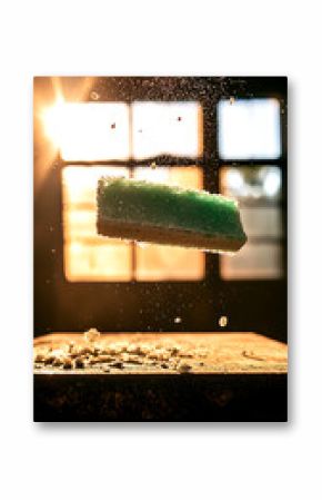 Green Sponge Suspended in Air with Dust Particles and Sunlight