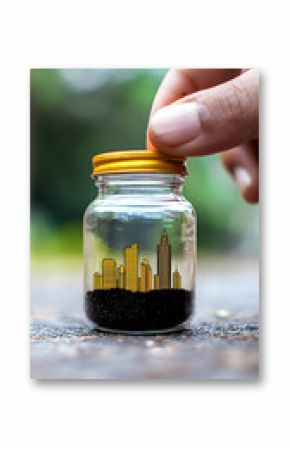 Hand Placing Lid on Glass Jar with Miniature Chalk City Sketch