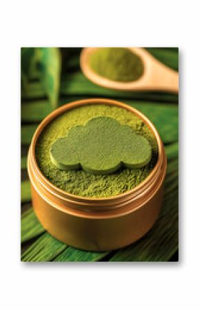 Matcha Powder in Bronze Tin with Wooden Scoop and Green Leaves
