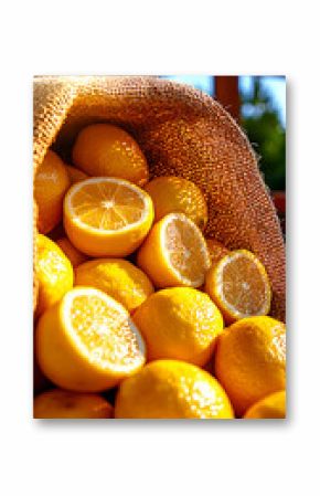 Mesh Bag of Ripe Lemons Spilling onto Burlap in Sunlight