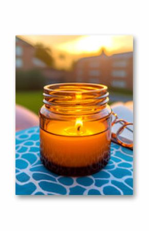 Lit Candle in Amber Jar Beside Open Book and Reading Glasses at Sunset