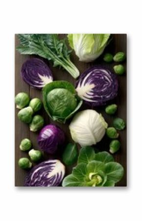 Close-up view of various vegetables showcasing the vibrant colors and textures of green and purple cabbage, broccoli, and Brussels sprouts on a rustic wooden table