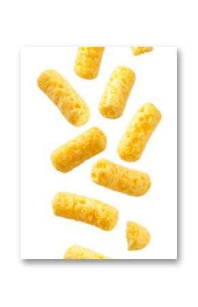 Multiple puffed corn snacks falling on transparent background