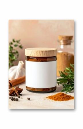 Jar of spices with garlic, rosemary, and cinnamon on rustic kitchen counter