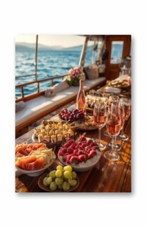 A luxurious spread of fruits, appetizers, and rose wine set on a yacht table with a scenic ocean view in the background.