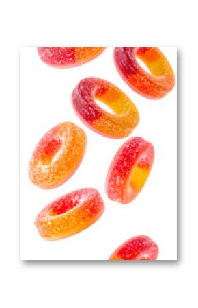 Multiple gummy ring slices gently drifting with transparent background