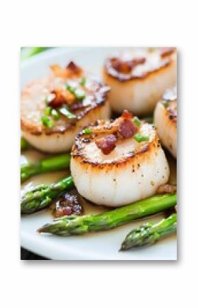 Rich and indulgent seared scallops with asparagus and bacon on a white plate
