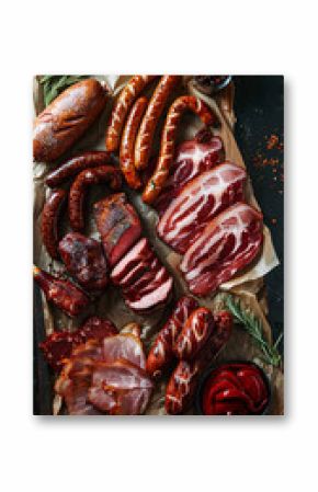 Hyperrealistic photograph of various meat products, including bacon and sausages, against a black background.  