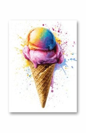 Colorful ice cream cone with splashes of paint in vibrant pink, yellow, and blue