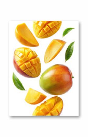Flying Mango Fruit with Half Slices isolated on transparent white background, clipping path