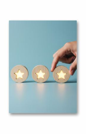 Three Star Rating: Hand Selecting Feedback, Customer Satisfaction, Review, Service Quality & Excellence, Glowing Wooden Stars on Blue