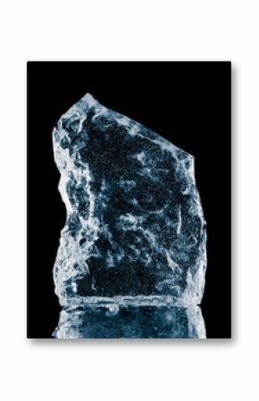 Crystal clear frosty textured natural ice block on a black mirroring surface.