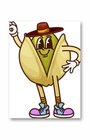 Cartoon groovy pistachio nut and seed cowboy and bandit character wearing retro cowpuncher hat, standing with finger an ok gesture and friendly smile. Isolated vector healthy snack food y2k personage