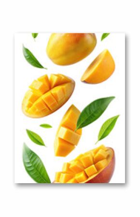 flying mango fruit and half slices isolated on transparent white background, clipping path